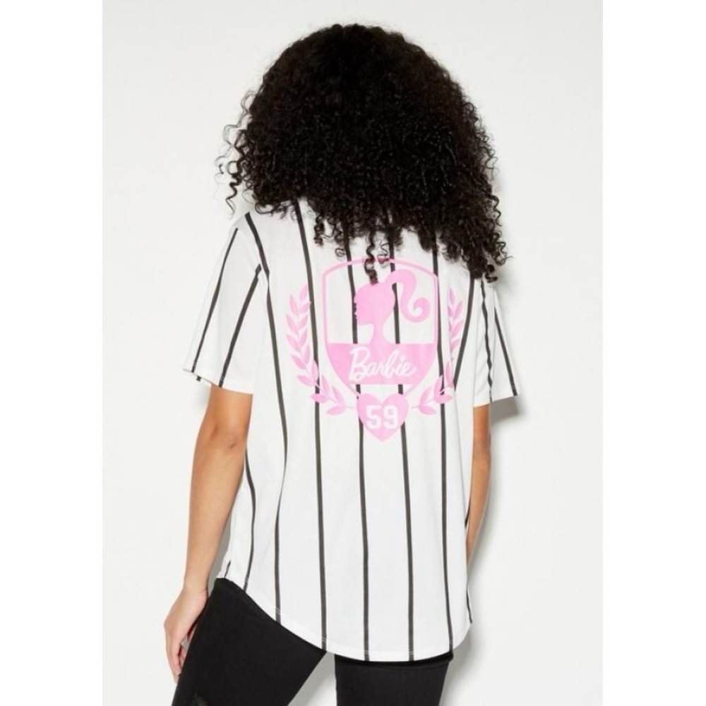 White Pinstriped Barbie Graphic Baseball Jersey - Picture 3 of 11
